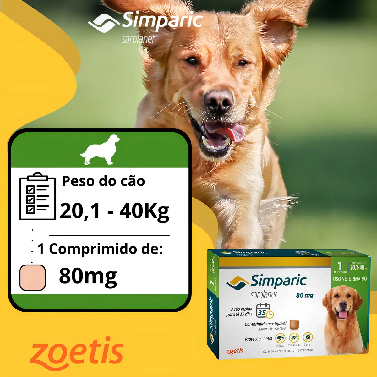 Antipulgas E Carrapatos Simparic 80mg 20,1 A 40kg - Caixa com 1 Comprimido - Zoetis - Imagem 4