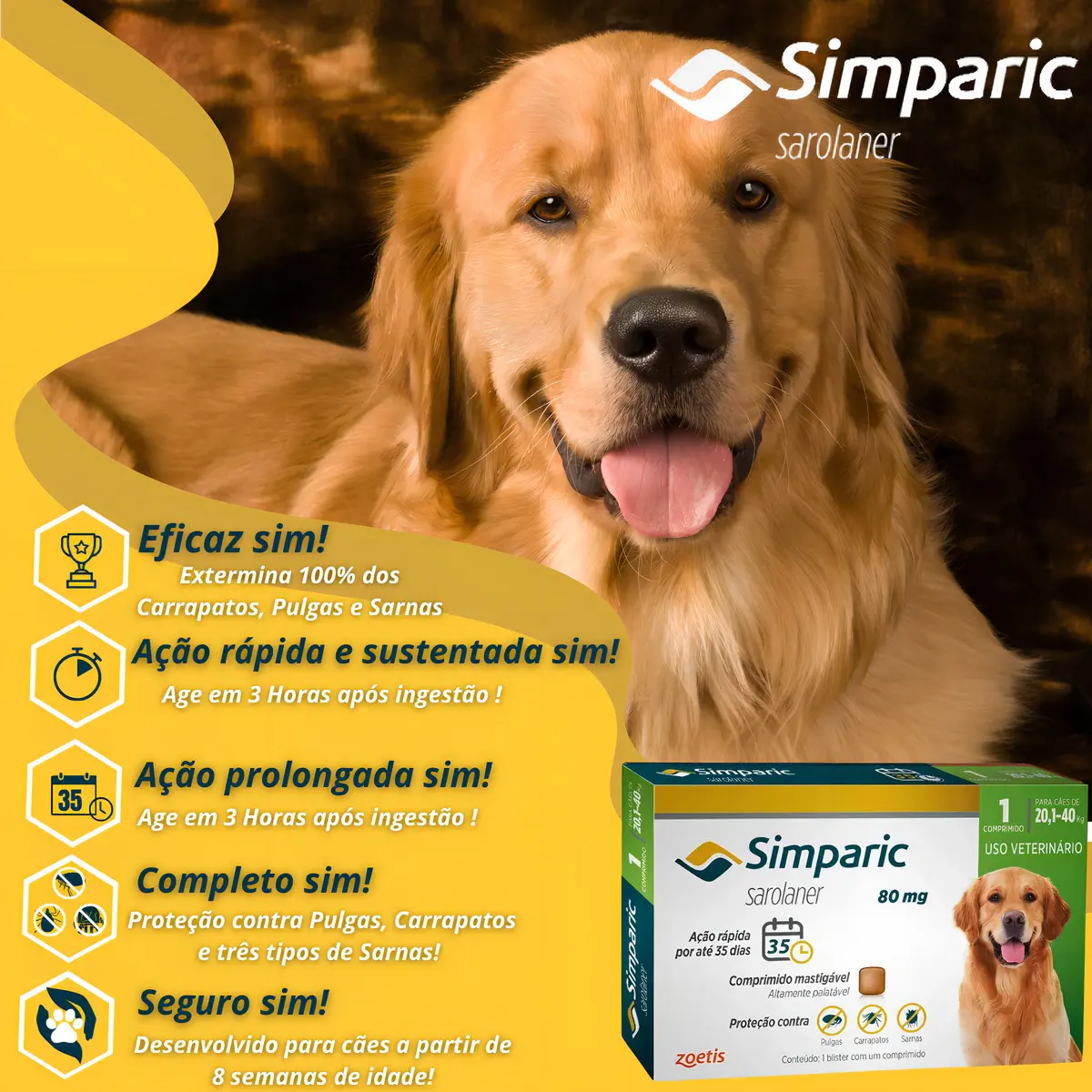 Antipulgas E Carrapatos Simparic 80mg 20,1 A 40kg - Caixa com 1 Comprimido - Zoetis - Imagem 5